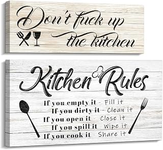 Pinetree Art Kitchen Rules Wall Decor Funny Inspirational Quote Canvas Print Art Modern Rustic Farmhouse Kitchen Decorative (8X16 Inch, set-w&y-s)