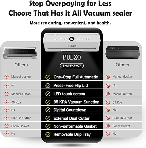 Miniatura 7 de PULZO PressFree - Máquina selladora al vacío True Auto, sellador de alimentos 10 en 1 totalmente automático de 85 KPa con cuenta regresiva digital,