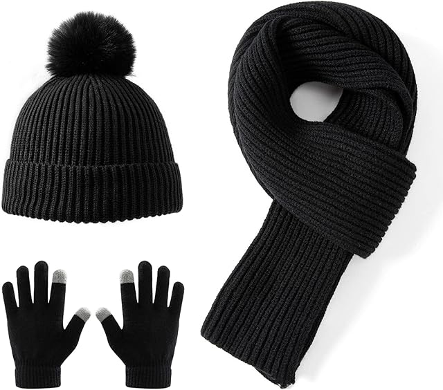Lallier 3Pcs Kids Hat Scarf and Snow Gloves Set, Winter Knit Warm Soft Pom-Pom Beanie Outdoor for Boys Girls and Toddlers