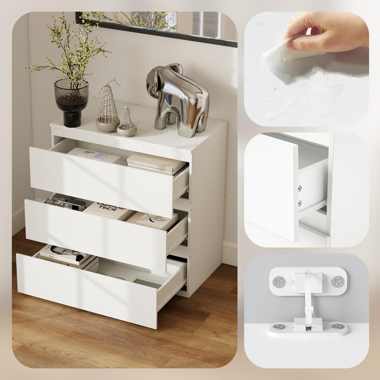 Cómoda Blanca Dormitorio con 3 Cajones Mesilla de Noche Estrecha 40cm Cajonera de Armario Interior Moderna Mueble Auxiliar para Oficina y Pasillo 70x40x75 cm