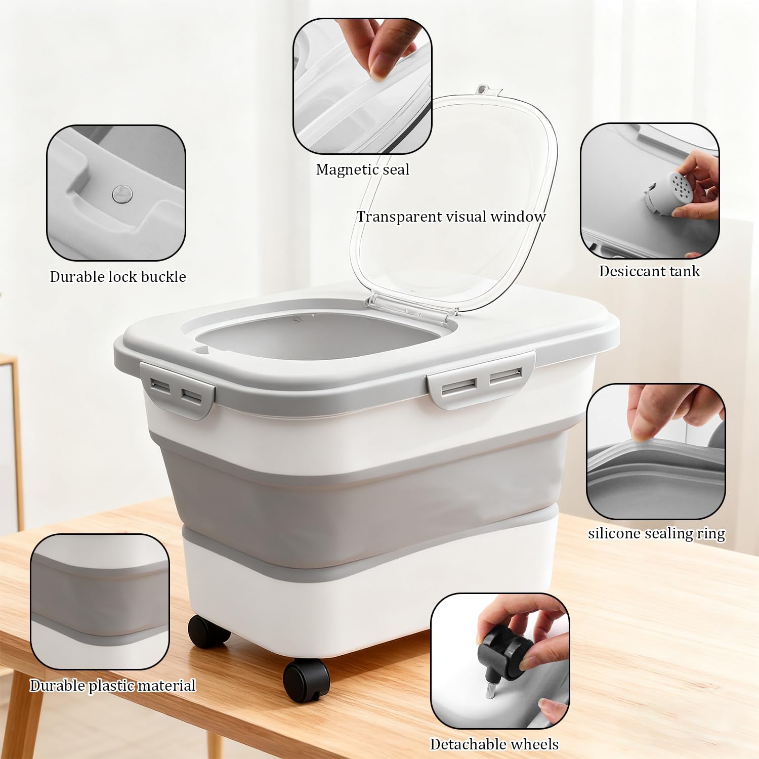 20-30 Lbs Rice and Pet Food Storage Container - Collapsible Airtight Food Storage with Rolling Wheel & Locking Lid, Flour Container with Cup & Scoop for Rice, Flour, Pet Food (Grey)