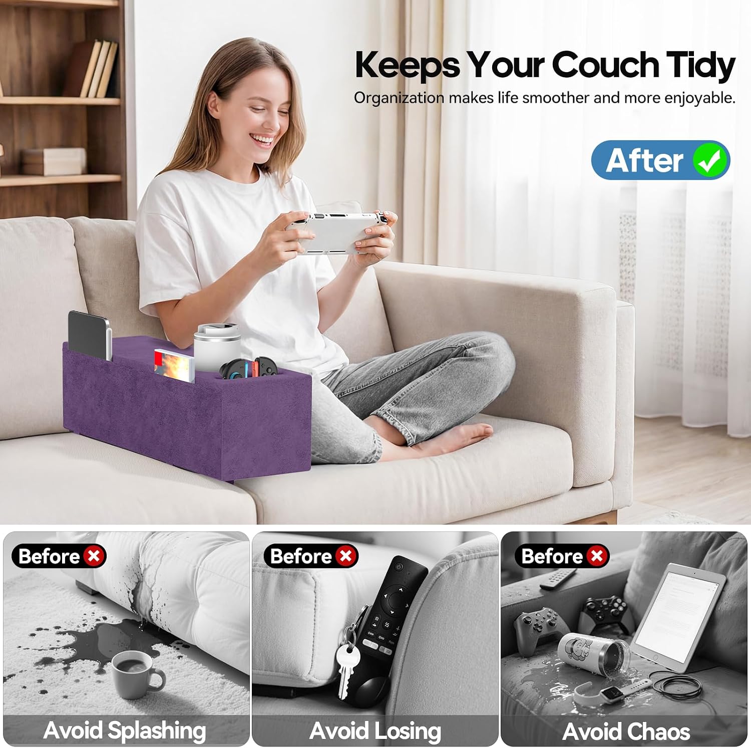 Sofa Armrest Couch Caddy with Cup Holder, Removable Couch Armrest Table Pillow Caddy Drink Holder Tray Insert Between Cushions, Sofa Acc Storage for Remote,Glasses, Phone, iPad and Magazines, Purple