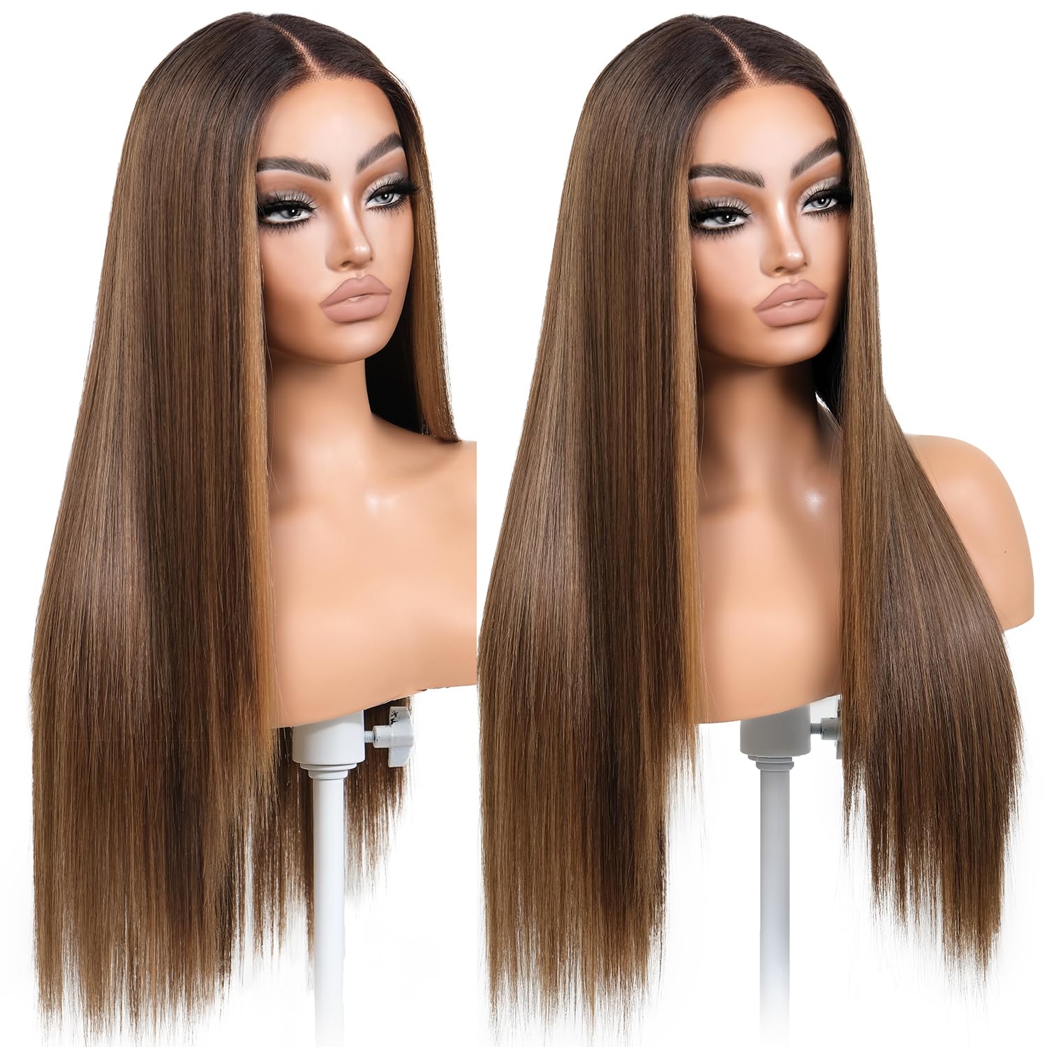 ENCOUNTERU Brown and Blonde Highlight Synthetic Lace Front Wigs for Women Long Straight Wear and Go Glueless Wig Pre Plucked 13x5x1 HD Lace Middle
