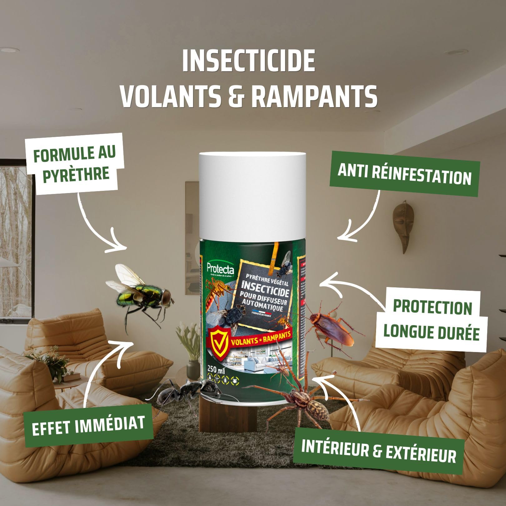 Protecta - Protecta® - Aerozol środek owadobójczy 250ml - Przeciw komarom, muchom i owadom pełzającym i latającym - Złocień roślinny - Efekt wstrząsu i przeciw reinfestacji - Wyprodukowano we Francji