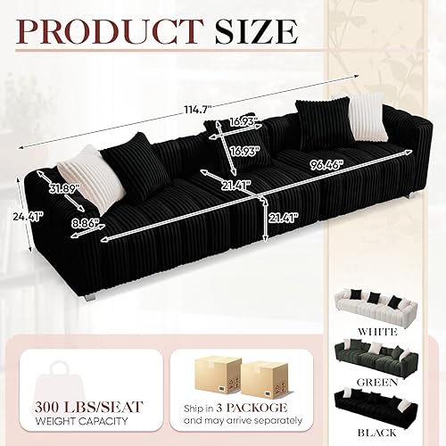 Miniatura 2 de Sofá de nube de gran tamaño con marco de madera, moderno sofá de dos plazas de pana de felpa de mediados de siglo con almohadas para asiento