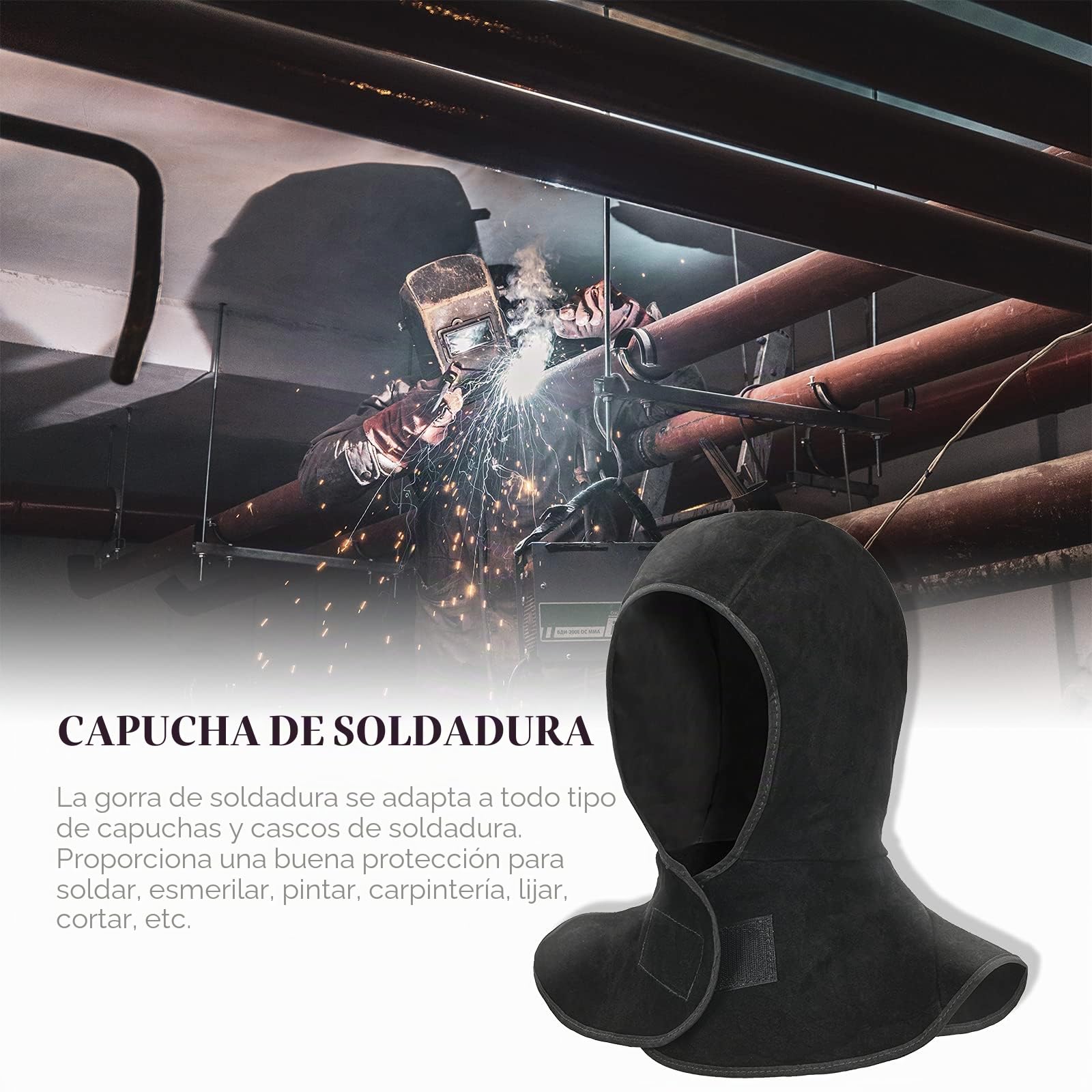 Capucha de soldadura, LeaSeek Casco de soldadura de cuero de vaca dividido con protección para el cuello y los hombros, protección para la cabeza, Casco de soldador negro, Capucha de soldador (negro)