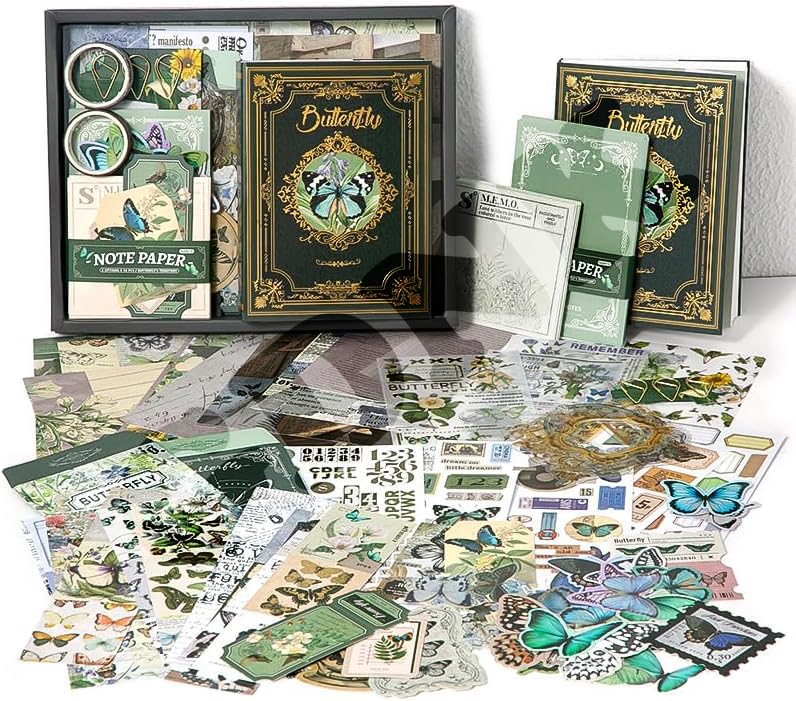 Image of GDNK 346pcs Vintage Journal Scrapbook Pack Kit for Art Journaling Bullet, Planners DIY Paper Stickers, Craft Kits Notebook, Collage Album Aesthetic Sticker (Moonlight) (Green Butterfly)