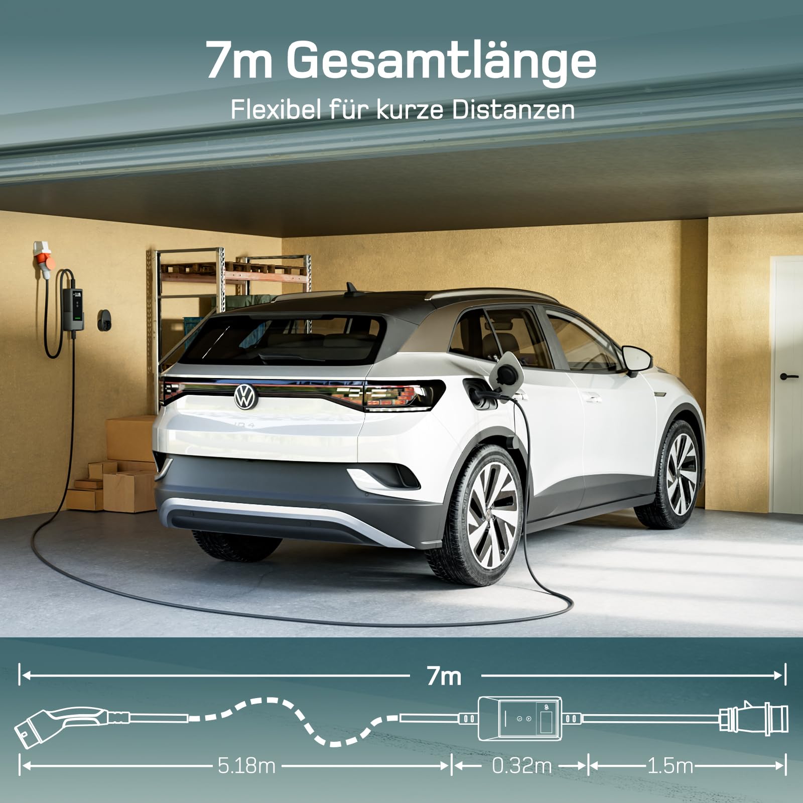 Mobile Wallbox 11kW mit APP 7m 3-phasig 6-16A Ladekabel CEE-16A 400V Typ 2 EV-Charger für ID.3/4/5/7 IX1 Model 3/Y BEV PHEV