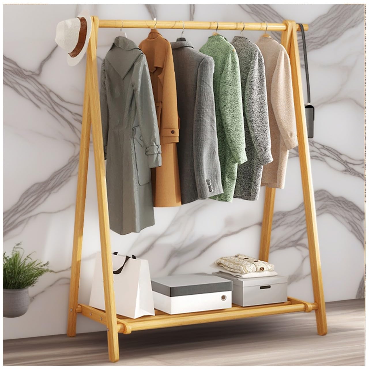 BEARQUN wooden clothes rail rack Coat stand Rack, Large Foldable Hanging Clothes, Stand Garment Rack with Storage Shelf/shelf, Maximum Load 100kg, clothe storage wardrobe:60/80/100/120CM
