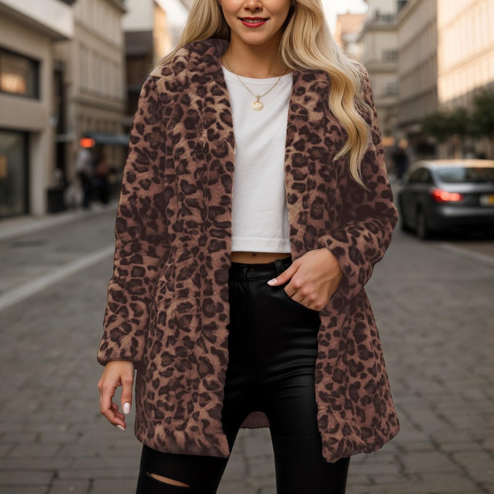 Strickjacke Damen Warmer Mantel mit Leopardenmuster Imitat mit Taschen lockerer Schnitt Cardigan Stil Winter vielseitiger Strickpullover Übergangsjacke