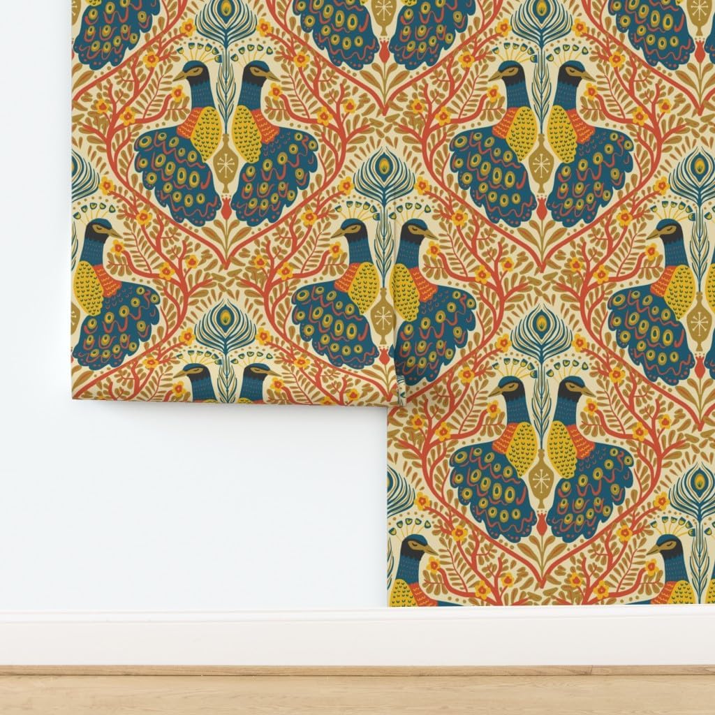 Spoonflower Peel & Stick Wallpaper 3ft x 2ft - Boho Peacock Art Nouveau Maximalist Warm Rust Orange Large Scale Colors Teal Blue Exotic Animal Custom Removable Wallpaper