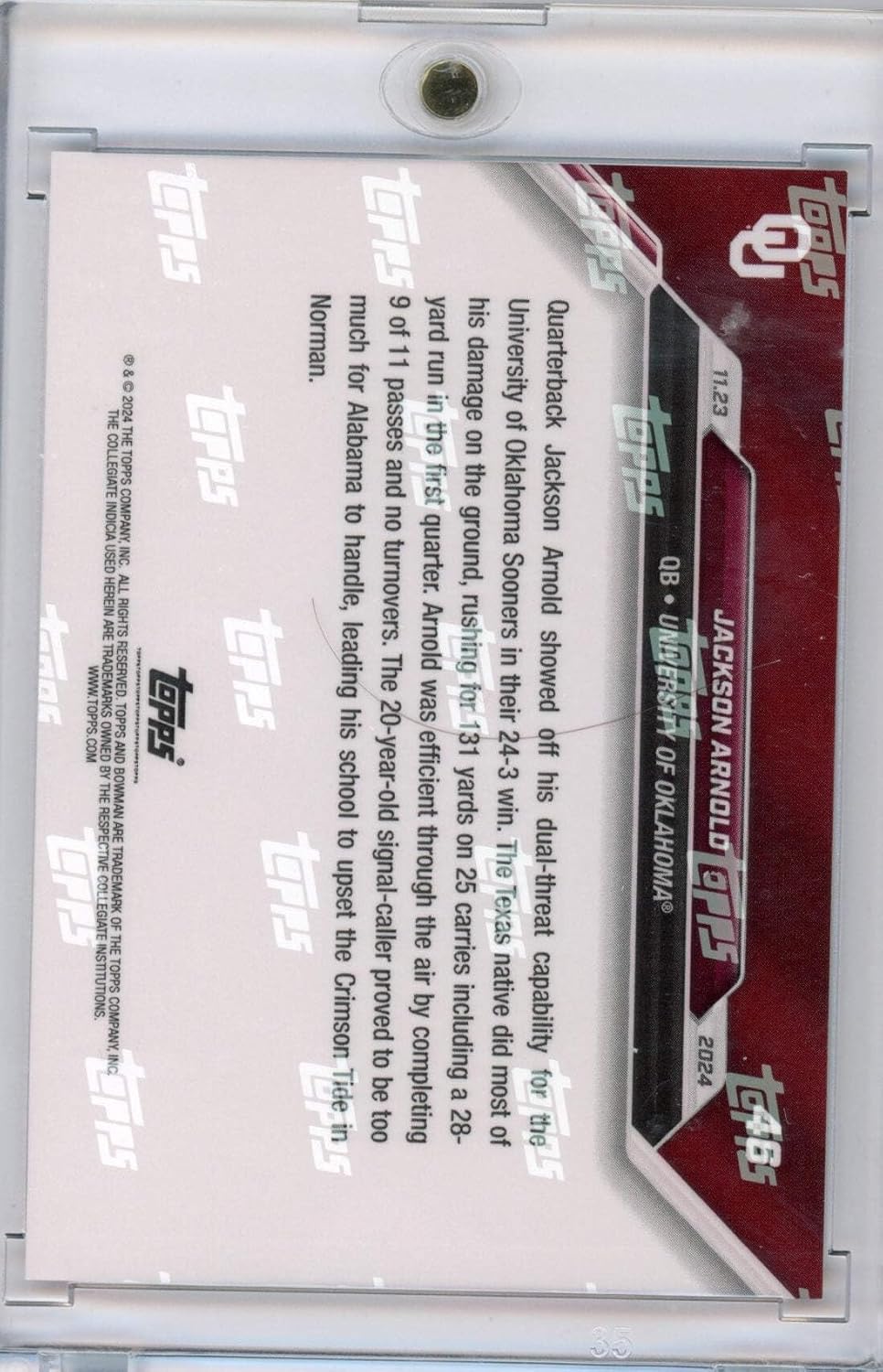 2024 Topps Bowman U Now Jackson Arnold #46 Purple #/25 Oklahoma Sooners Rookie RC Football Card