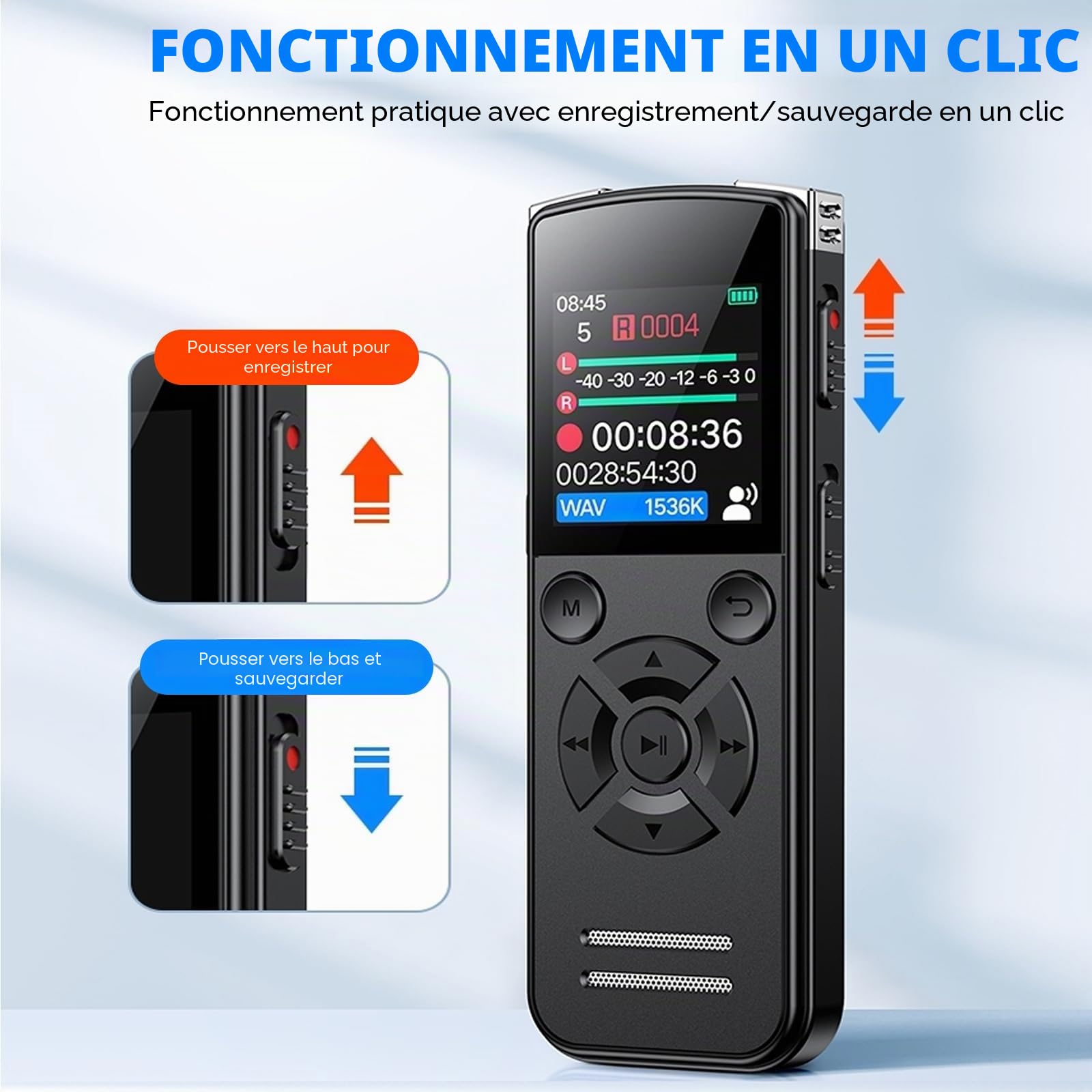 Dictaphone Enregistreur Vocal 64 Go, Mini Enregistreur Audio Numérique 1536 Kbps avec Écran TFT, Enregistreur de Voix USB-C Rechargeable pour Réunions, Cours et Interviews