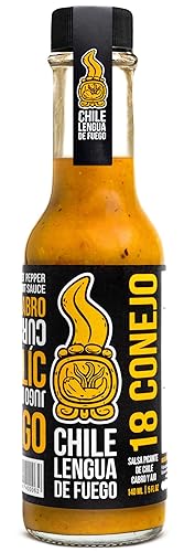 Salsa picante  Chile Lengua de Fuego (paquete de 1, 18 conejos) - Salsa cítrica y cúrcuma de calor medio con gorro escocés, ajo y lima