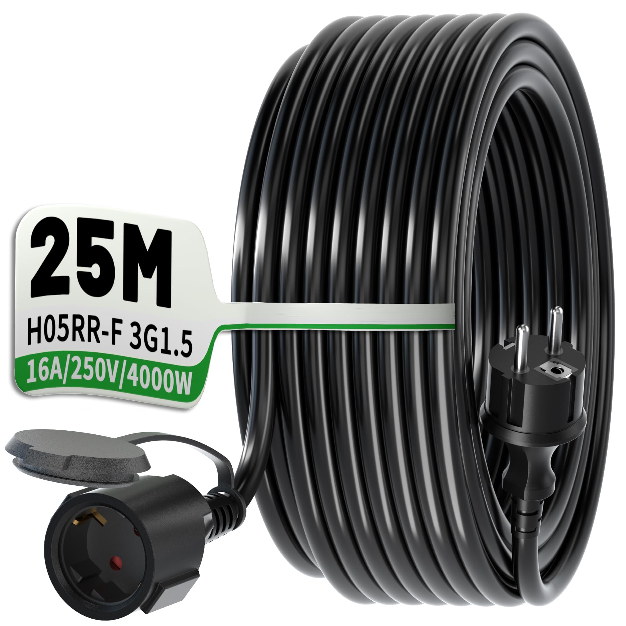 POWGRN Cable alargador para exteriores de 25 m, color negro, cable de goma pesado H05RR-F 3G1,5, cable de alimentación flexible con cinta de almacenamiento, adecuado para exteriores