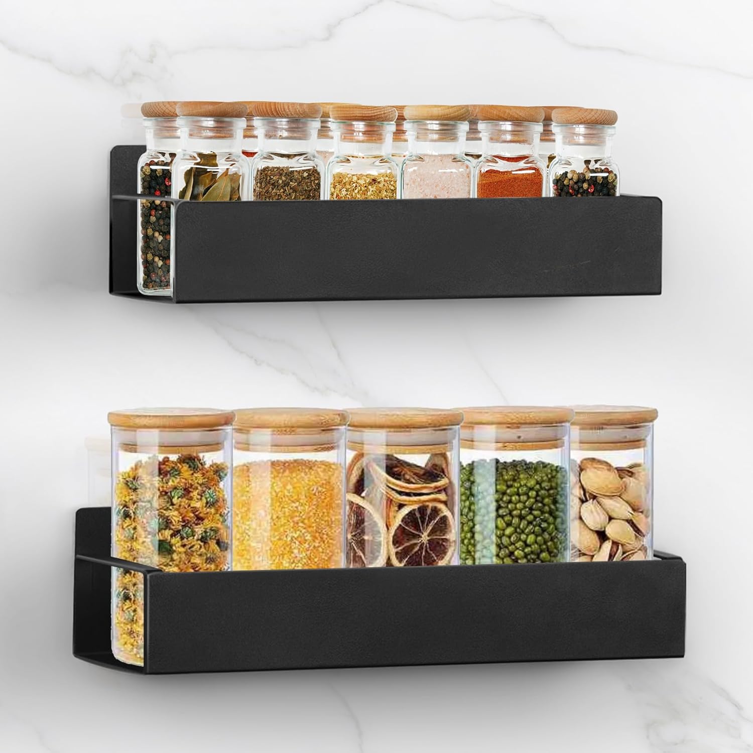 SYLLENHOD Kitchen Spice Rack for Wall 2 Packs Black Adhesive Spice Racks Wall Mount - 11 8 Large