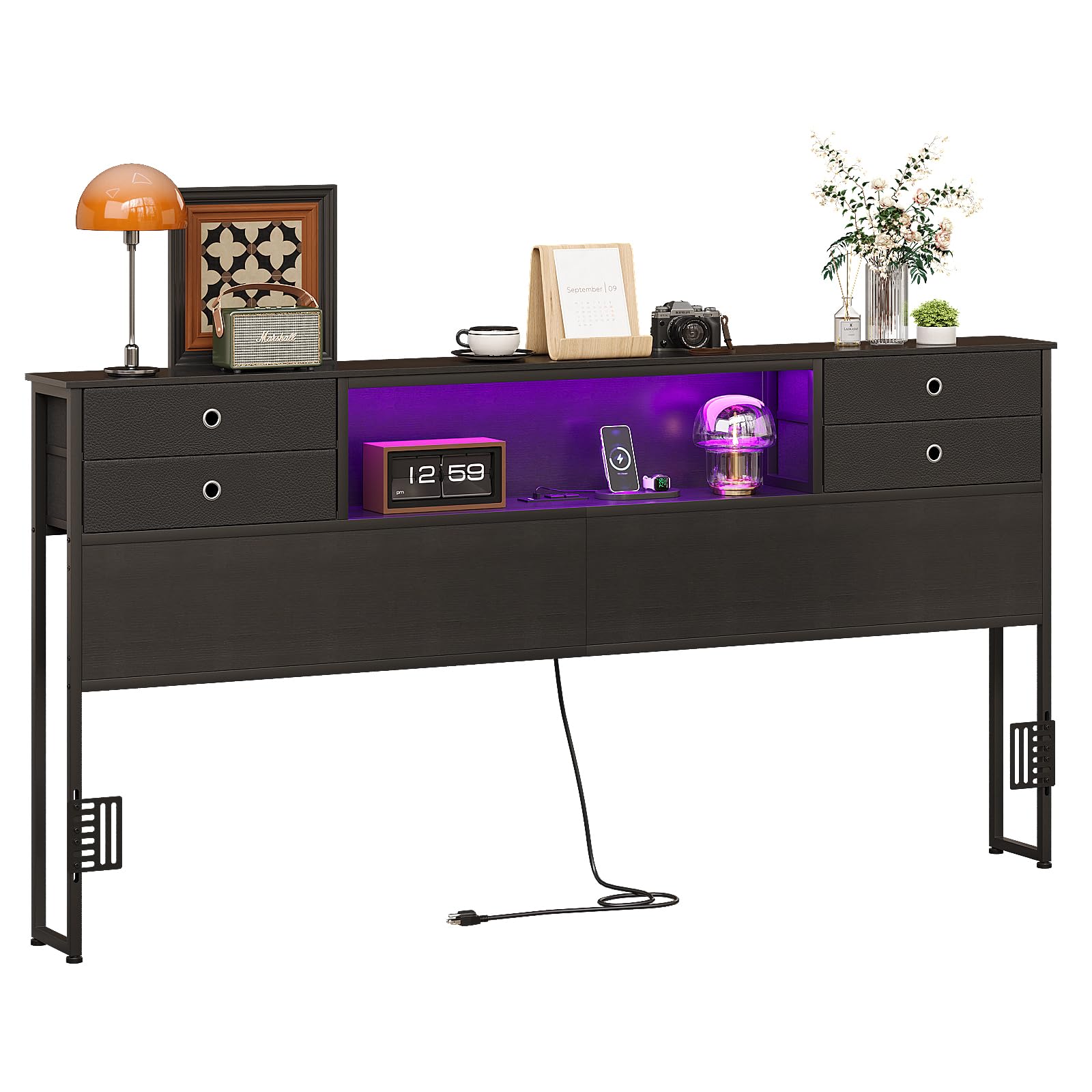 Photo 1 of GiftGo Queen Size Headboard with 4 Fabric Storage Drawers Charging Station LED Light Adjustable Height Storage Rack Sturdy and Stable Metal Frame & Wood Shelf (Black, King (U.S. Standard))