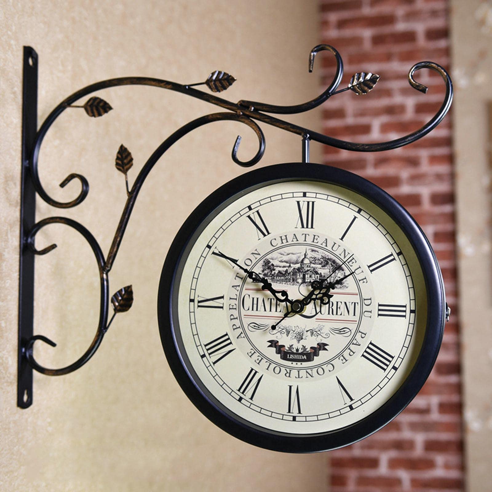 Horloge de gare extérieure rétro double face suspendue pour déco jardin intérieur