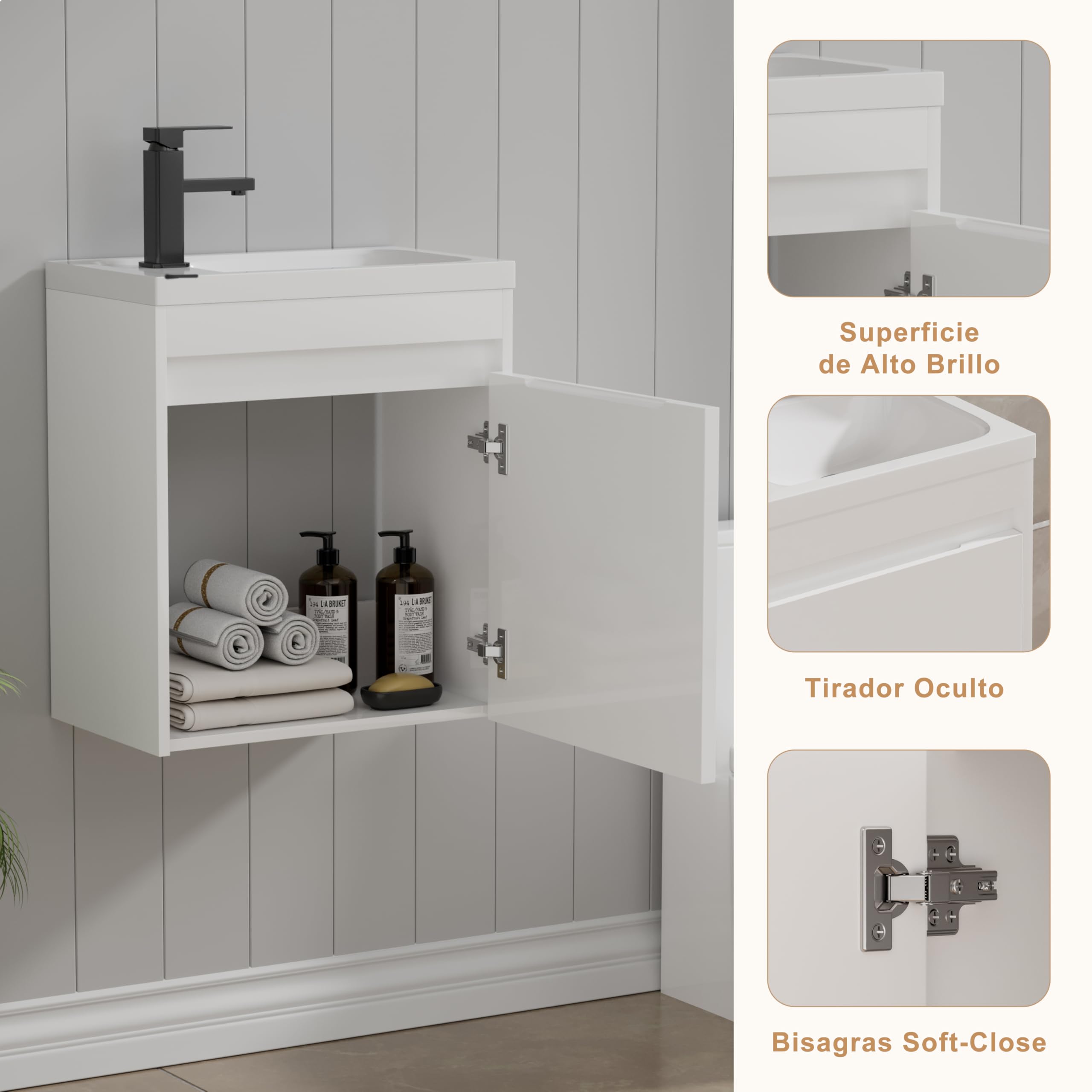 UEV Mueble de Baño Suspendido de 50 cm con Lavabo de Resina, Juego de Mueble de Baño 3 en 1 con Grifo Eficaz, Desagüe Pop-UP, Mueble con Amplio Espacio de Almacenaje