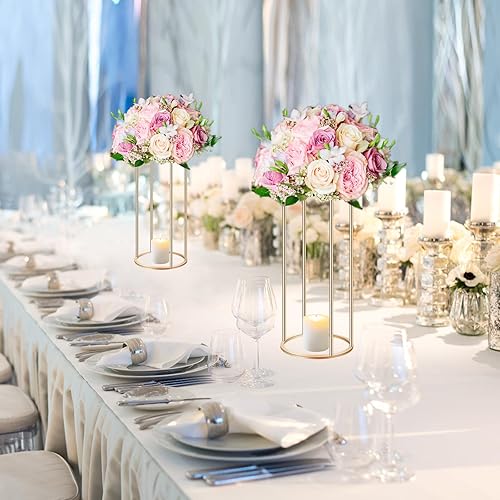 Miniatura 6 de Nalwort 2 soportes de flores dorados de 23.6 pulgadas, centros de mesa de boda para mesas, jarrones de flores modernos geométricos de metal, jarrón