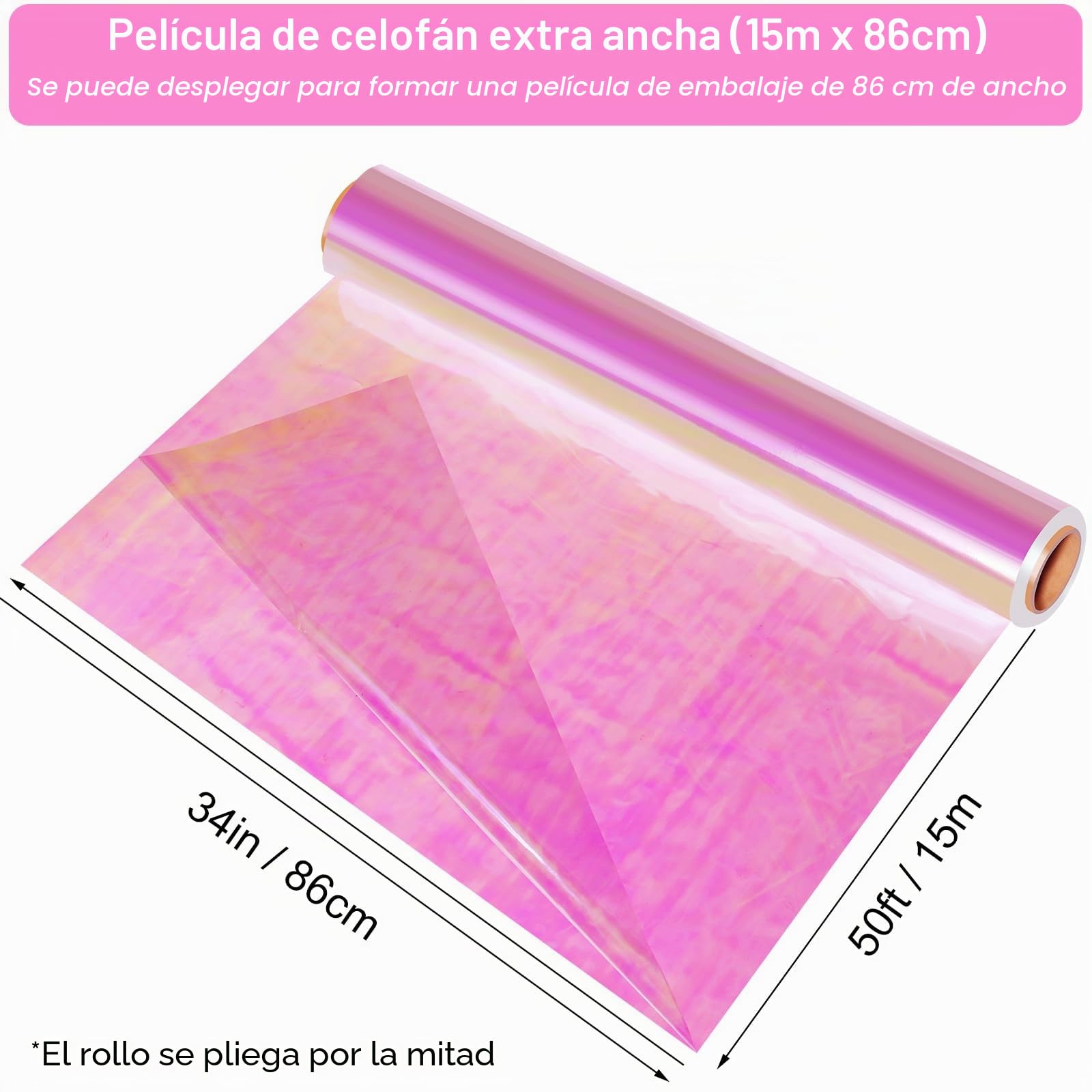 Rollo de celofán iridiscente, 86 cm x 15 m, lámina de celofán arcoíris, transparente, iridiscente, multicolor, lámina de regalo para grandes regalos, flores, alas de hadas, cestas de regalo, golosinas