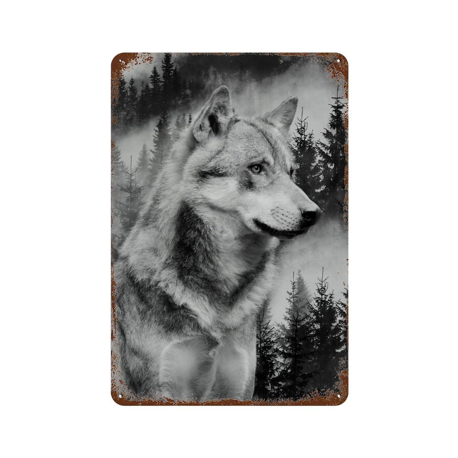 Wolf Forest Black&White Aged Metal Wall Plaque 11.8"x7.9", for Office, Studio And Wall Decor, Novelty Wall Decor