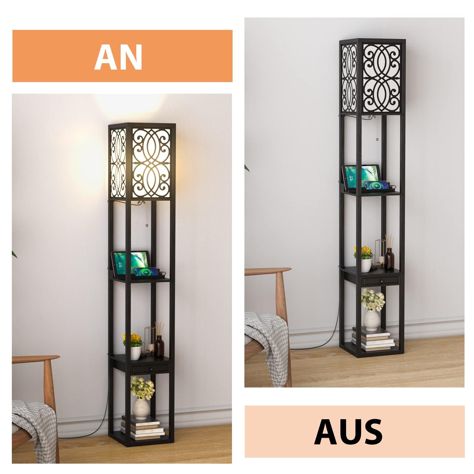 COSTWAY Stehlampe Wohnzimmer 160cm, E27, mit 2 USB Anschlüsseln, 3 Ebenen Stehleuchte mit Schublade, Standleuchte Holz, Holzregal Innenbeleuchtung für Wohnzimmer & Schlafzimmer