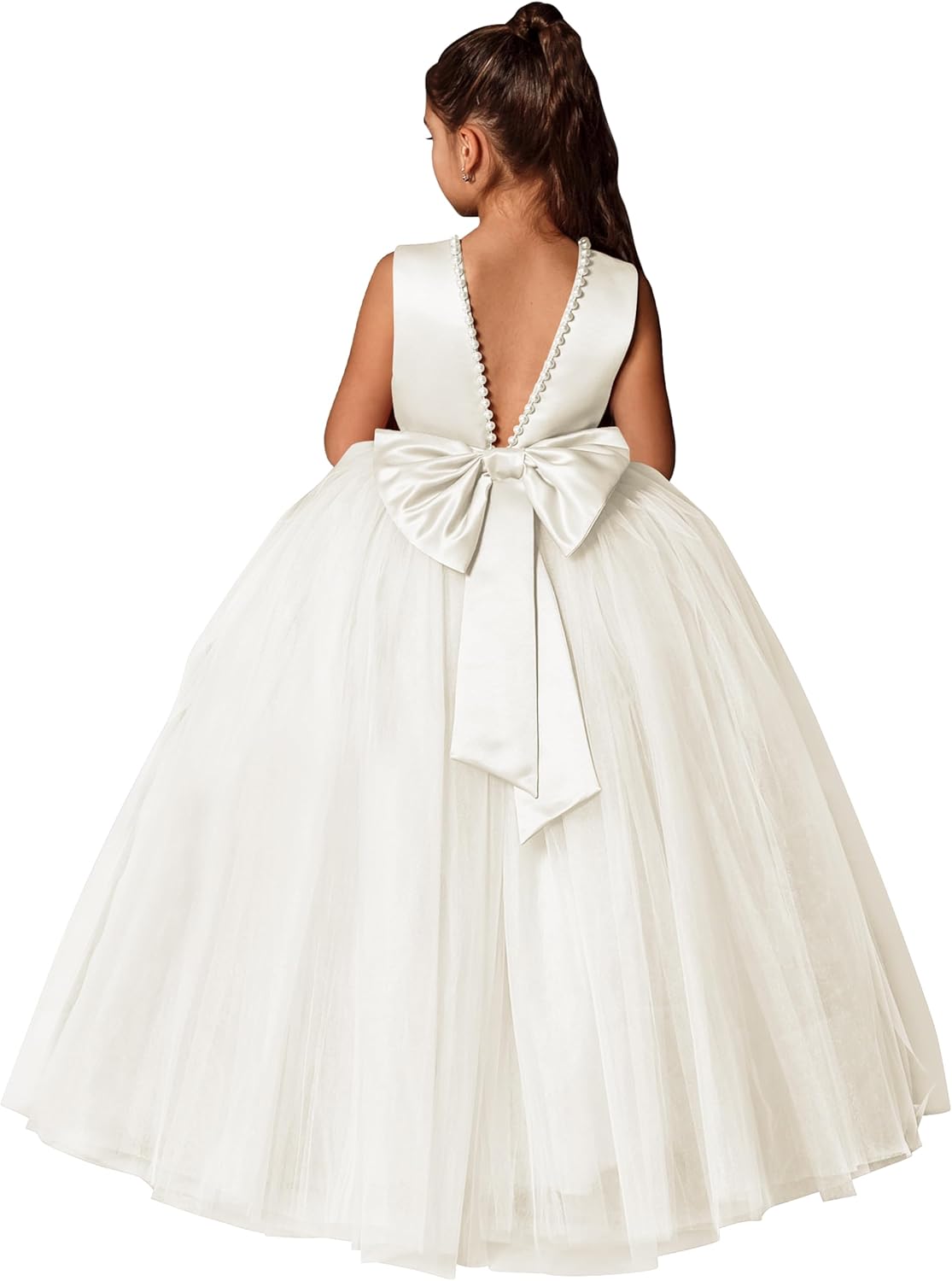 MCieloLuna Flower Girls Dresses for Wedding Satin Tulle Princess Pageant Dress Kids Pearls Prom Ball Gowns with Bow-Knot