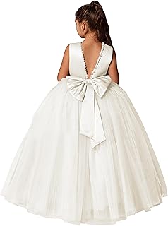 Flower Girls Dresses for Wedding Satin Tulle Princess Pageant Dress Kids Pearls Prom Ball Gowns with Bow-Knot - Buy now