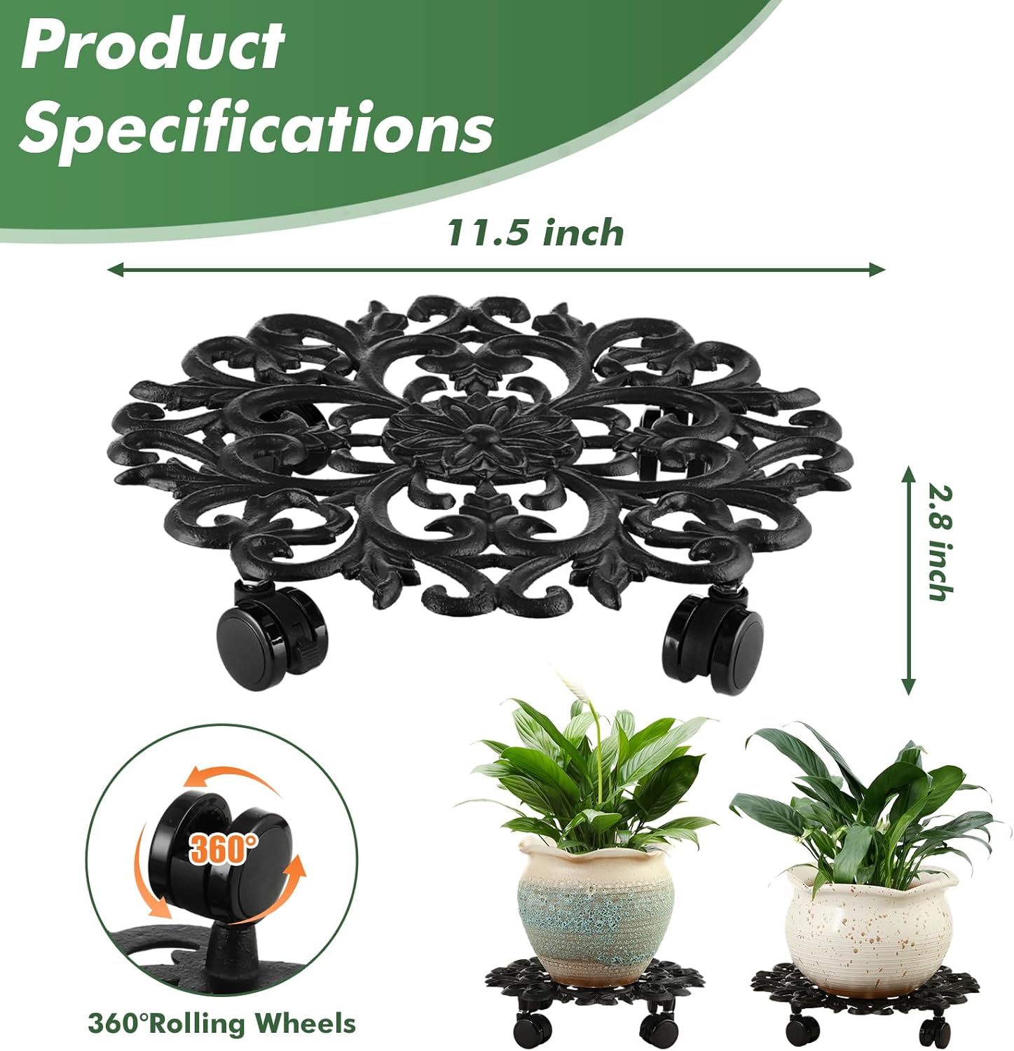 2 Packs 11.6 Inches Large Metal Plant Caddy with PU Wheels Planter Dolly Pot Mover Rollers for Patio Wrought Iron Rolling Flower Stands Indoor Outdoor Plant Holder Coaster Trolley, Black