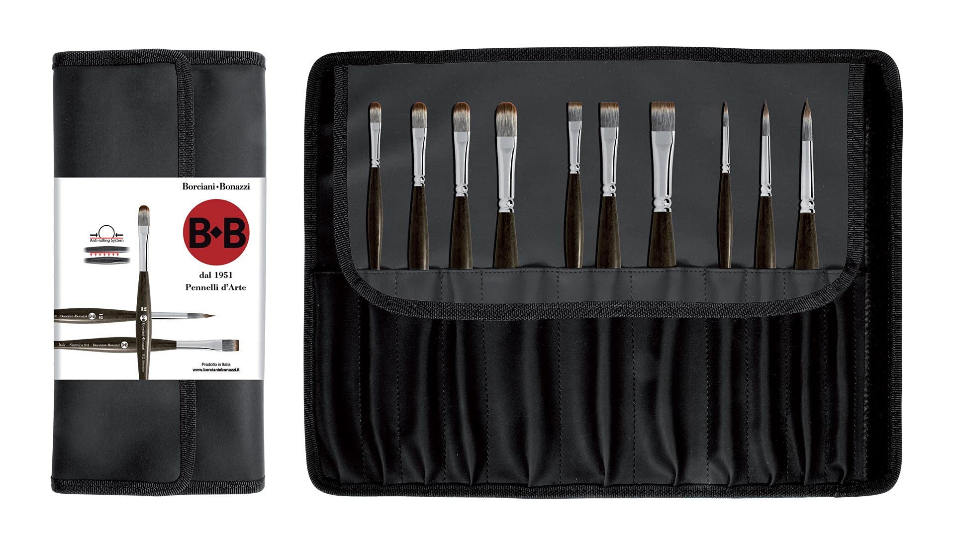 Borciani e Bonazzi Estuche para Pinceles Negro con 10 exclusivos cepillos Mangusta, Cepillos con Sistema Antideslizante, Cabello sintético Absorbente, Liberación Lenta de Agua (10 Cepillos Mangusta)