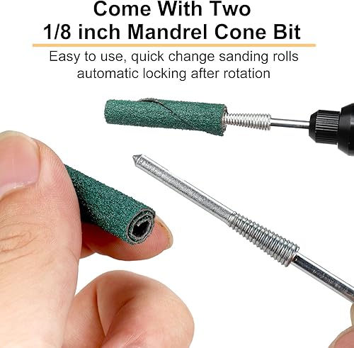 Miniatura 10 de Bandas de lijado de circonita de grano 60 de 0.4 x 1.5 pulgadas, carrete de papel de arena en forma de conocilindro, mandril autoapriete de vástago