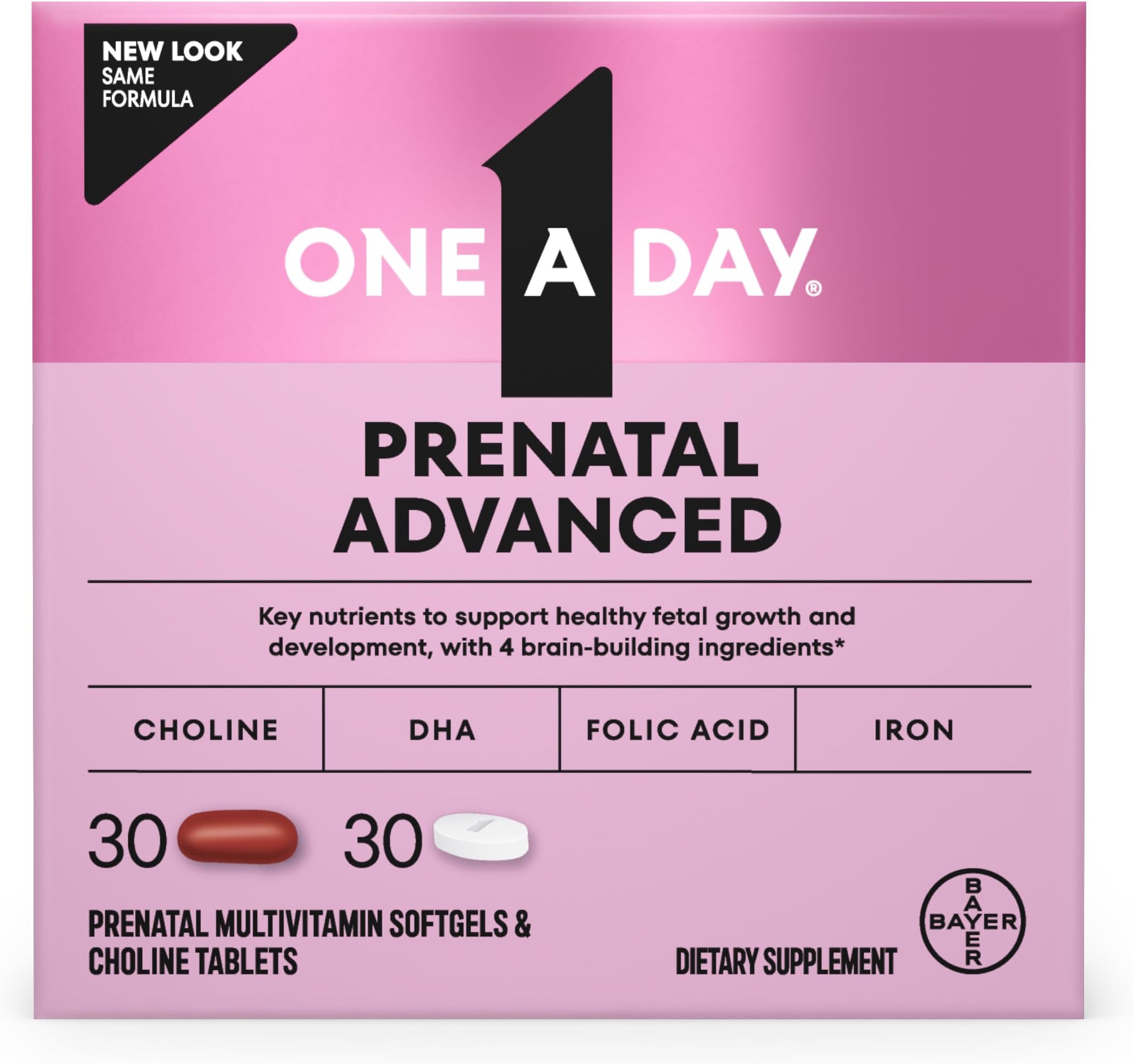 One A Day Womens Prenatal Advanced Complete Multivitamin with Brain Support* with Choline, Folic Acid, Omega-3 DHA & Iron for Pre, During and Post Pregnancy, 30+30 Count (60 Count Total Set)