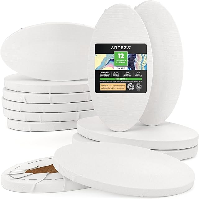Arteza Oval Stretched Canvas Set, 12 Pack, 10 x 20.3 cm, 100% Cotton, 8 oz Gesso-Primed Blank Canvases, Art Supplies for Acrylic and Oil Painting