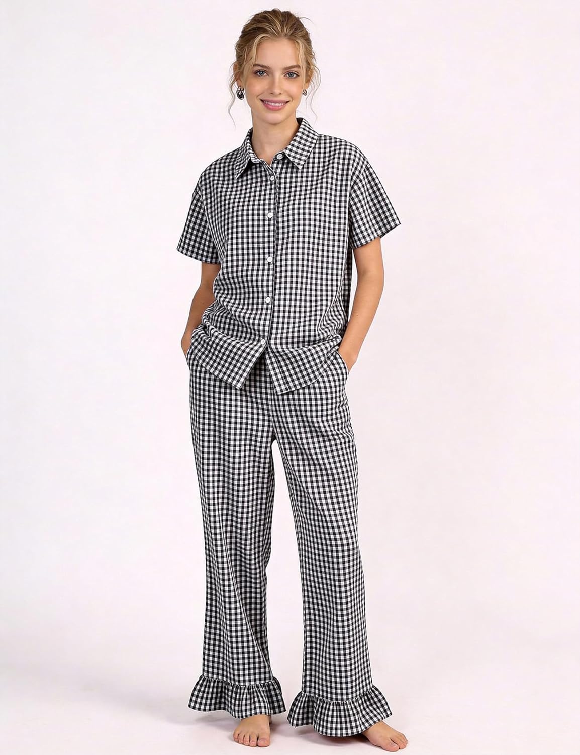 COZYPOIN Womens Gingham 2 Piece Set Plaid Cotton Pajama Sets Short Sleeve Button Shirt and Ruffle Pants Vacation Loungewear - Image 2