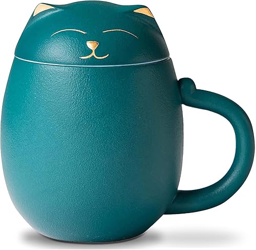 Liywall - Taza de té de cerámica con infusor y tapa, diseño de gato hecho a mano de porcelana con estuche de almacenamiento portátil a prueba de