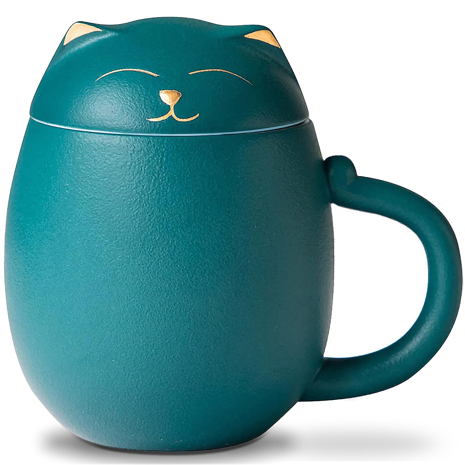 Ceramic Tea Mug with Infuser and Lid, Cat Design Handmade Porcelain Tea Cup Strainer With Portable Shockproof Storage Case for Travel Office Home,Wife Girlfriend Gift - Green