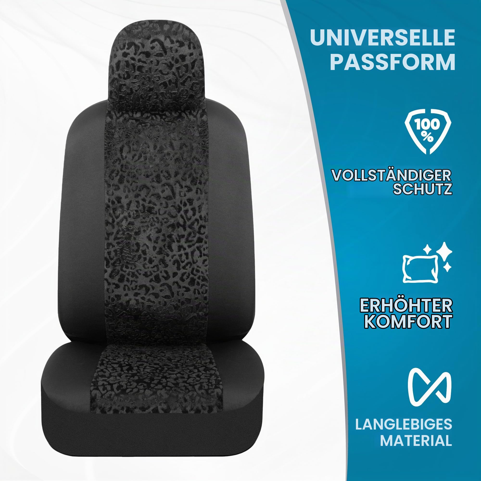 BDK Schwarze Autositzbezüge, nur Vordersitze - Tiermuster Vordersitzbezug Set mit passender Kopfstütze, seitloses Design für einfache Installation, universell passend für Auto, LKW, Van und SUV