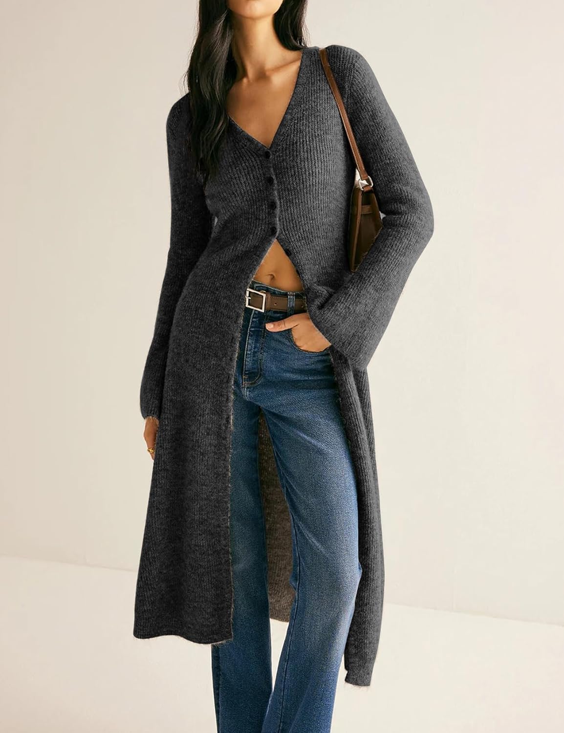 Womens Long Cardigan Sweaters Button Down Bell Sleeve Open Front Ribbed Knit Midi Dress Fall Trendy Outfits - Image 4