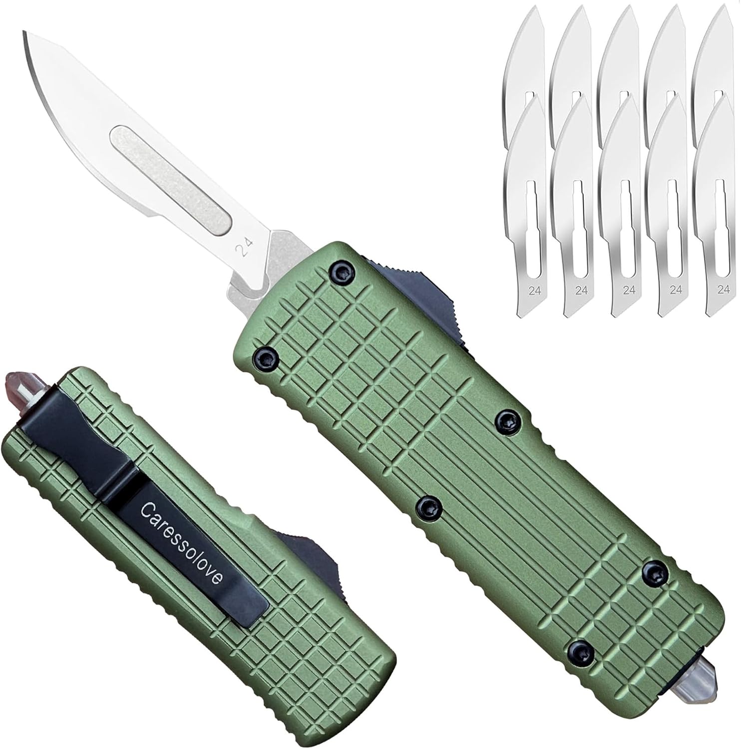 Caressolove Auto Retractable Scalpel Knife, EDC Double Action Automatic Retracting Pocket Knife, Replaceable Blade Utility Knife for Camping Hiking Hunting Fishing (Green)