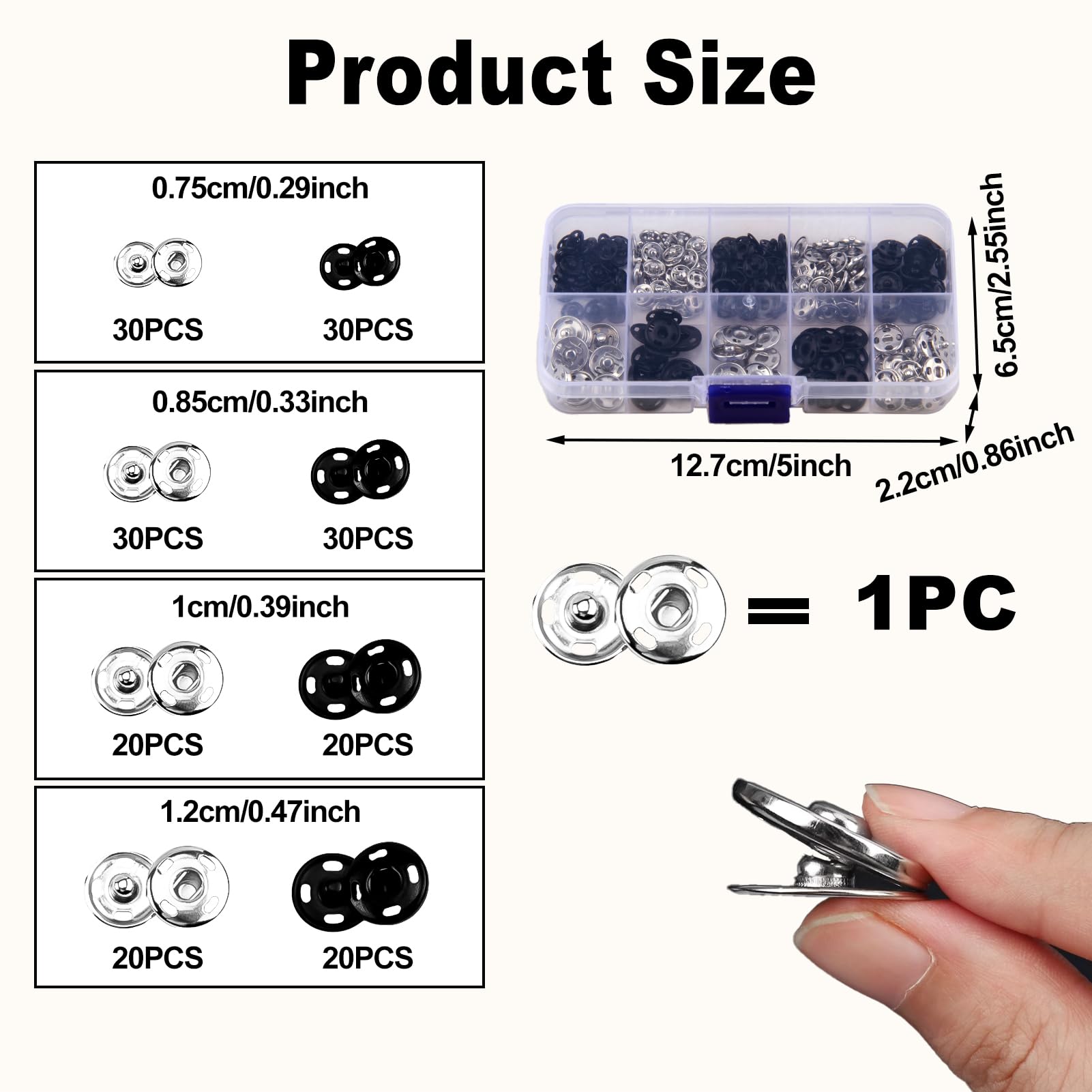 Boutons Pression à Coudre - 100 Pièces Métal (Noir & Argent) - 3 Tailles (7,10,12 Mm) - Pour Sacs, Vêtements, Cuir