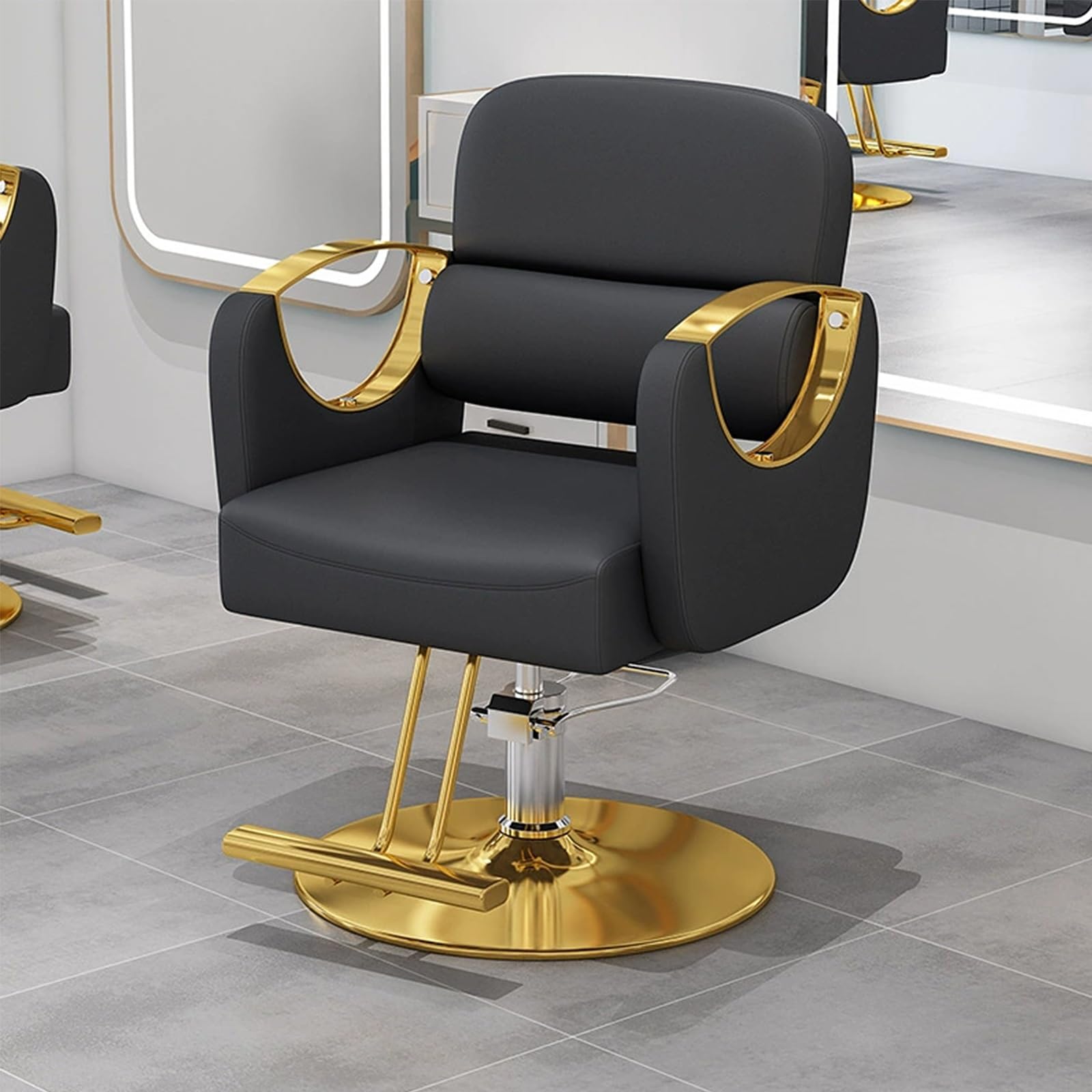 Generisch Friseurstühle, ergonomischer Salonstuhl für Friseure - hydraulisch höhenverstellbar und drehbar, Edelstahlfuß mit vergoldeter Scheibe - ideal für Friseursalons und Kosmetikstudios (Schwarz)