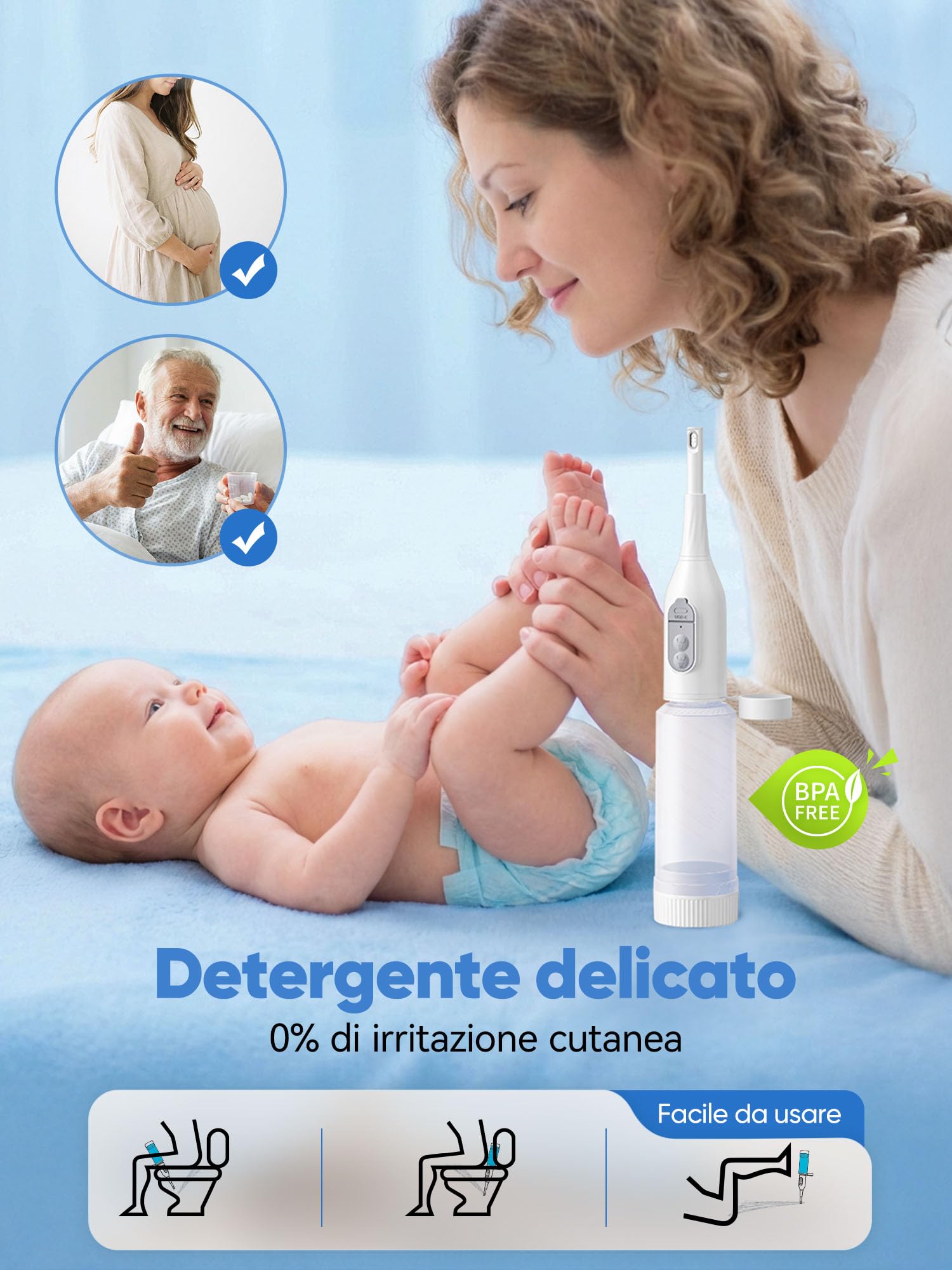 Bidet Portatile, SANEWE Bidets Elettrica da Viaggio, 2 Modalità di Spruzzo, Protezione dall'acqua IPX7 e Regolazione Della Pressione, Per l'igiene Personale, la Cura Post-parto e la Pulizia Perineale