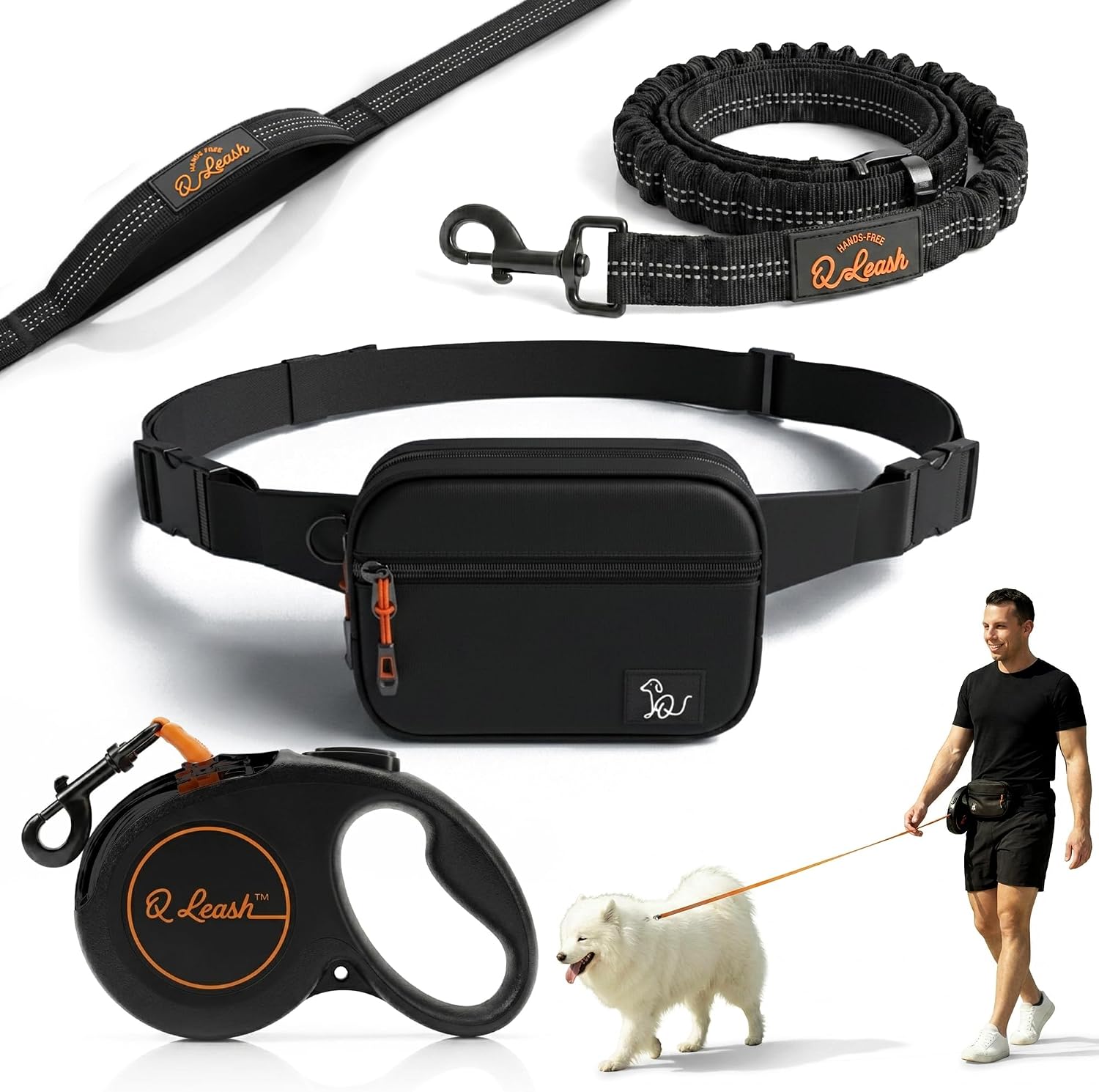 Hands Free Dog Leash with Zipper Storage Pouch - Waist Belt Bungee Running, Walking & Hiking Leash - Padded Handle - Seat Belt Attachment - Reflective No Pull Control for SM-L Dogs 10-120 lbs (Black)