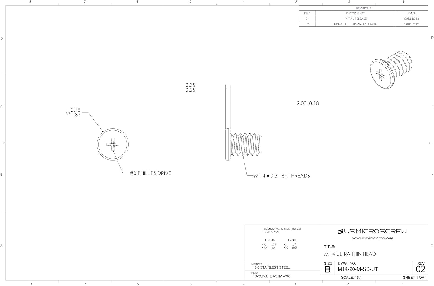 M1.4-0.3 X 2mm Machine Screw Stainless Steel Ultra Thin Head Phillips Drive (100 Pcs) - M14-20-M-SS-UT