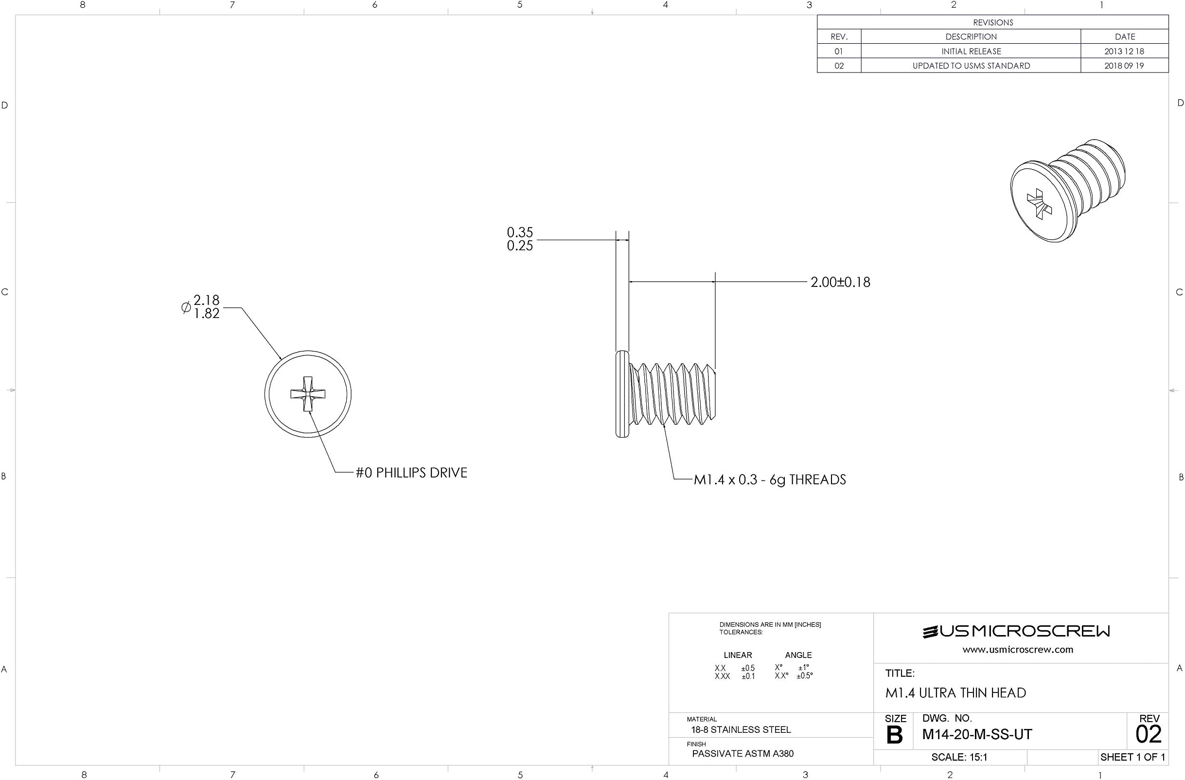 M1.4-0.3 X 2mm Machine Screw Stainless Steel Ultra Thin Head Phillips Drive (100 Pcs) - M14-20-M-SS-UT