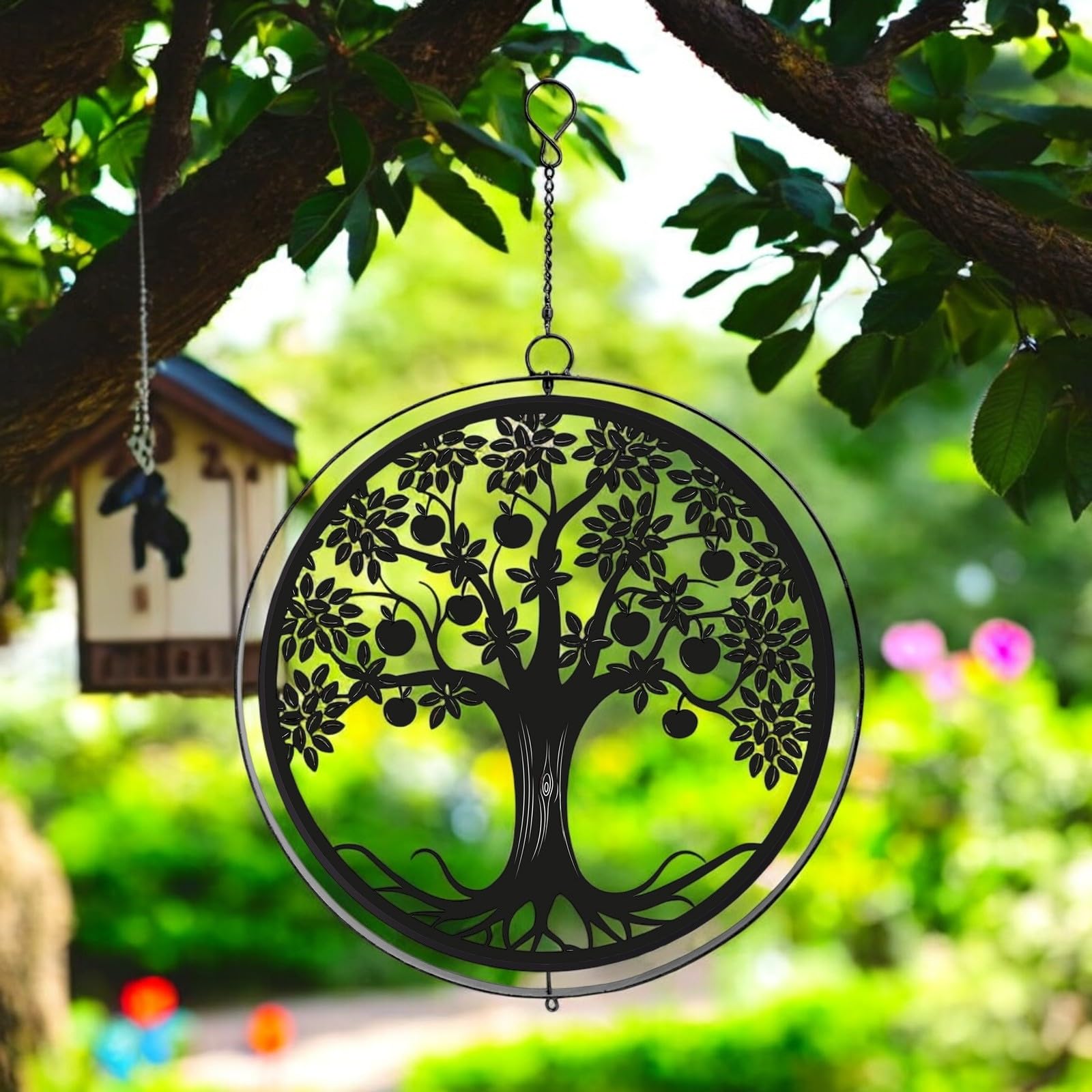 Epsom Door Handle Black Metal Apple Tree Hanging Silhouette Orbit Spinner – 39Cm X 23Cm | Wind Spinner For Garden, Patio & Home Décor