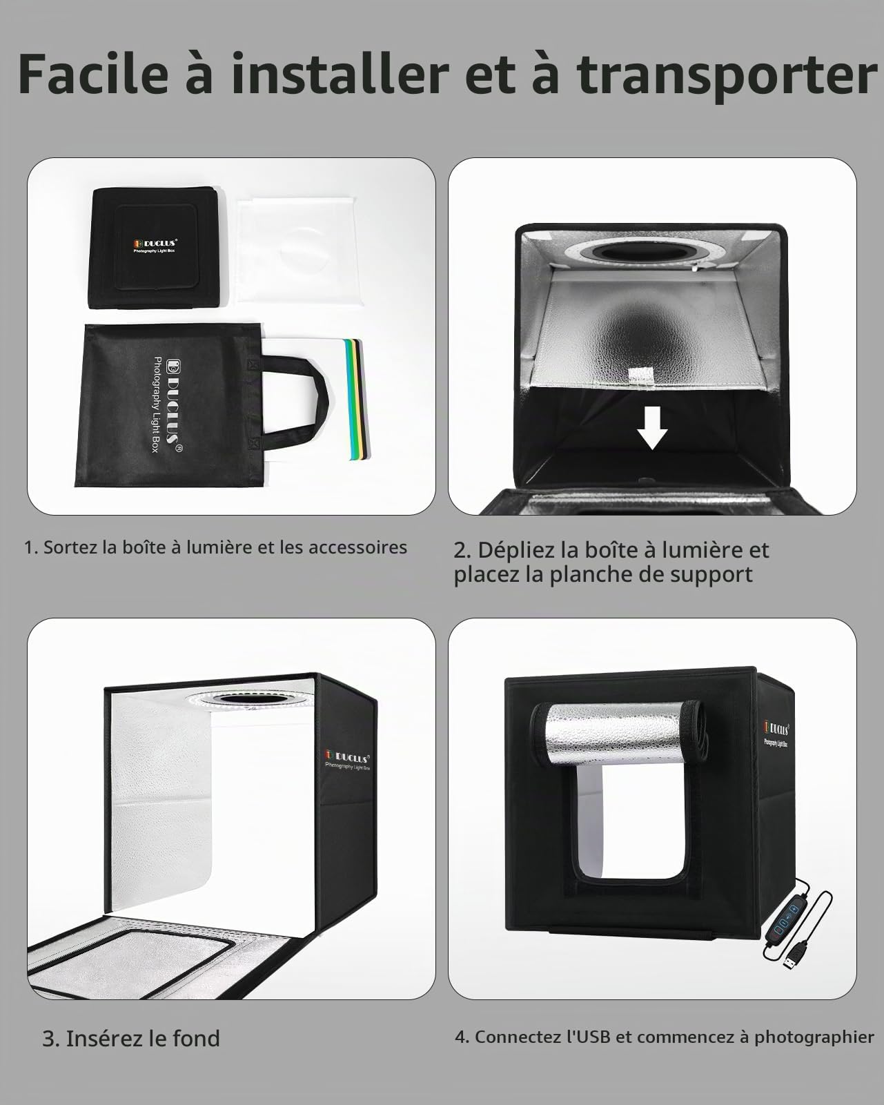 DUCLUS Boîte à Photo 25x25cm, Portable Box Photo Studio avec 104pcs LED Lumière Réglable, 6 Fond Lisse pour Photographie Produit Bijoux/Cosmétique/Nourriture