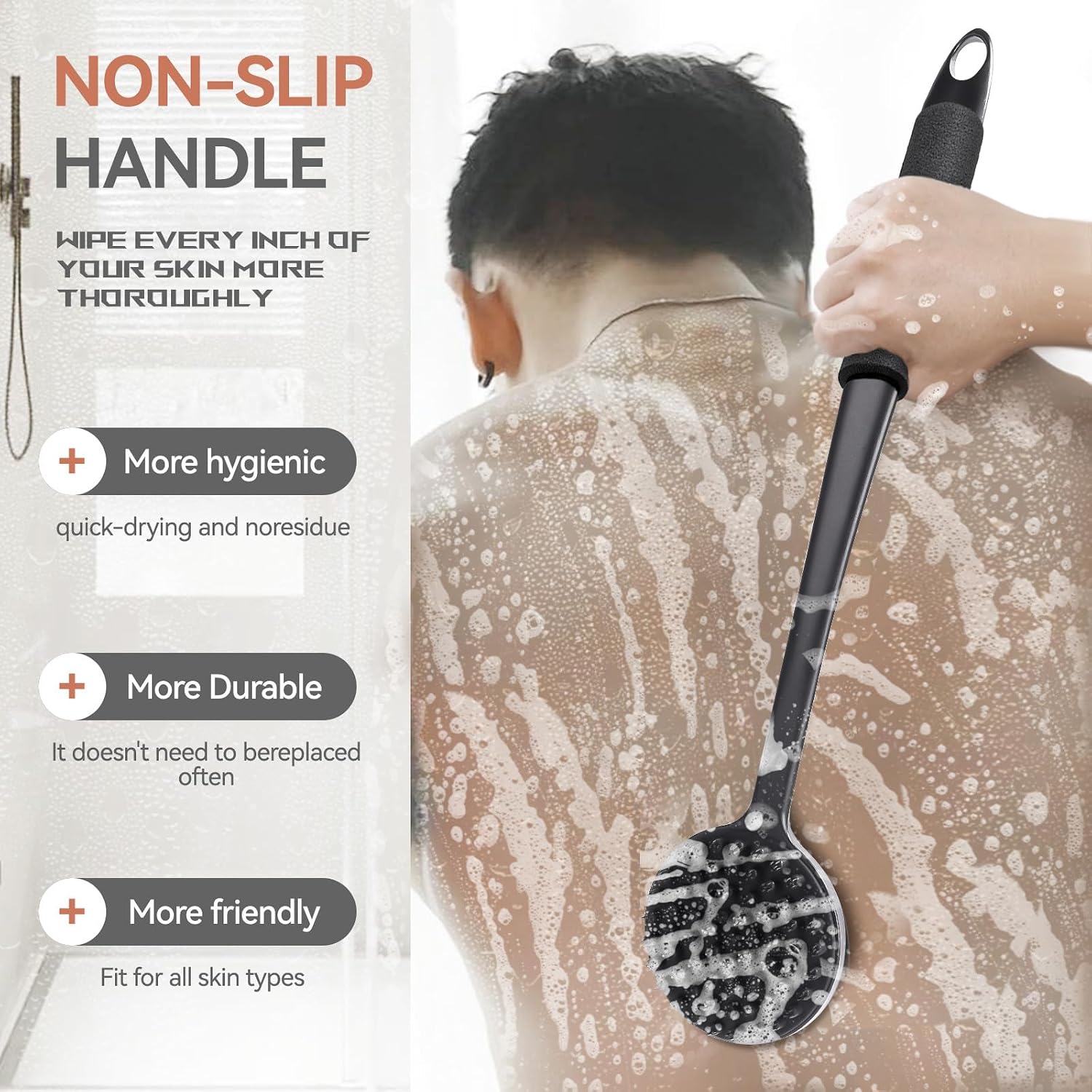 Silicone Back Scrubber & Soft Bath Glove Set 5 PCS Gentle Shower Back Scrubber with Dual-Side Head Non-Slip Handle (Black)