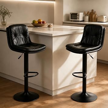 Bar Stools Set of 2 Swivel Adjustable Bar Chairs Counter Height | 360 Swivel Leather Bar Chairs with Padded Seat, Backrest & Footrest for Kitchen Island, Counter Seating & Home Bar Black